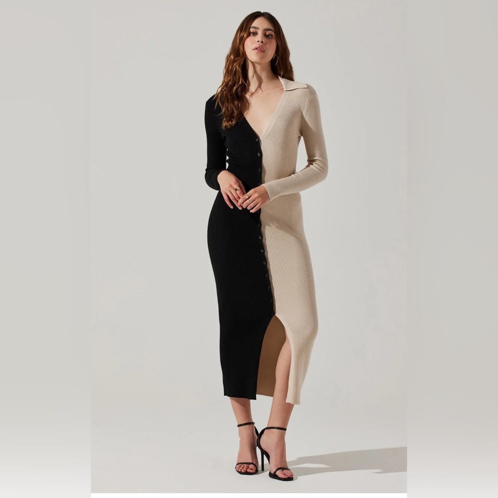 TWO TONED LONG SLEEVE MIDI SWEATER DRESS black/tan